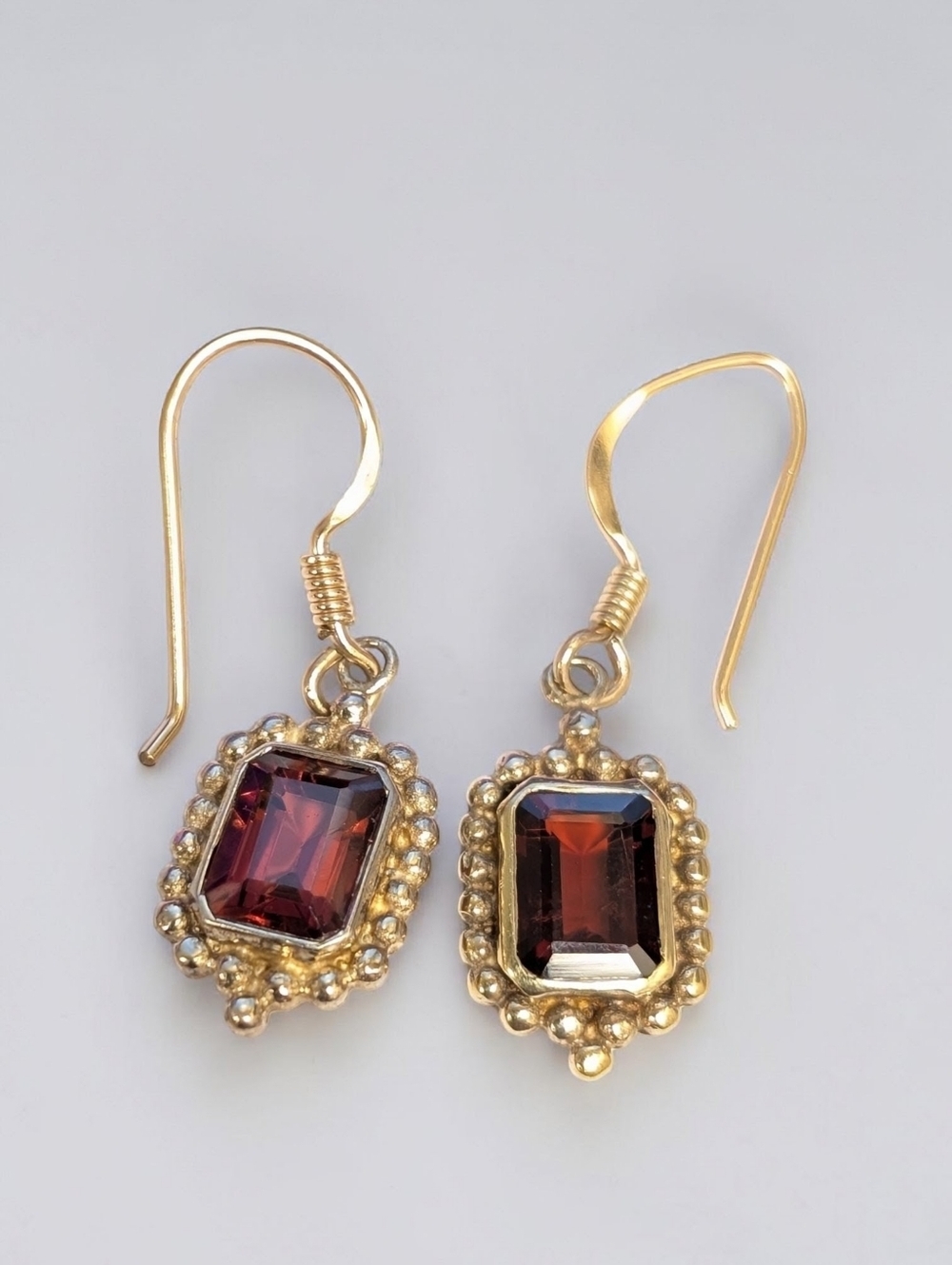 925 Sterling Silver Gold Vermeil Garnet Drop Earrings Vintage Style Dangle